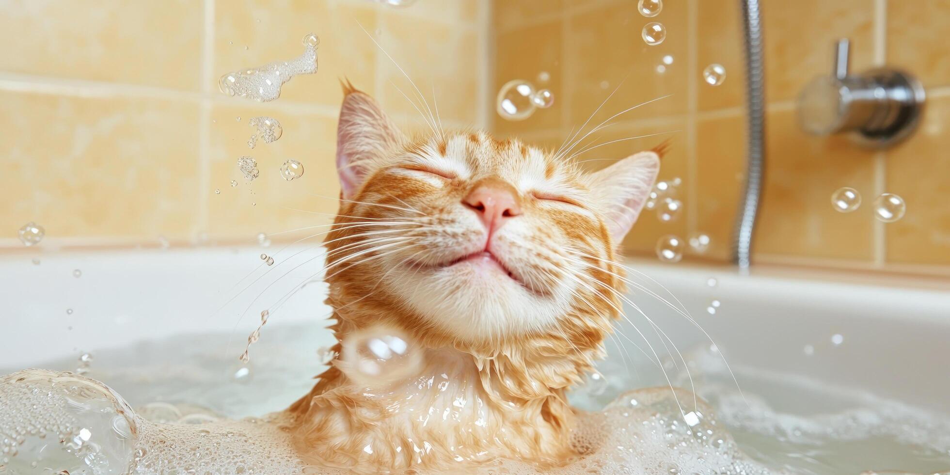 Joyful cat bathes in bubbles, tile background, showing relaxation, hygiene photo