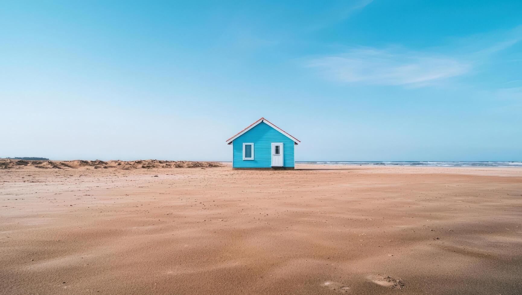 Beach Home Cozy cottage sits alone on sandy shore under a bright blue sky photo