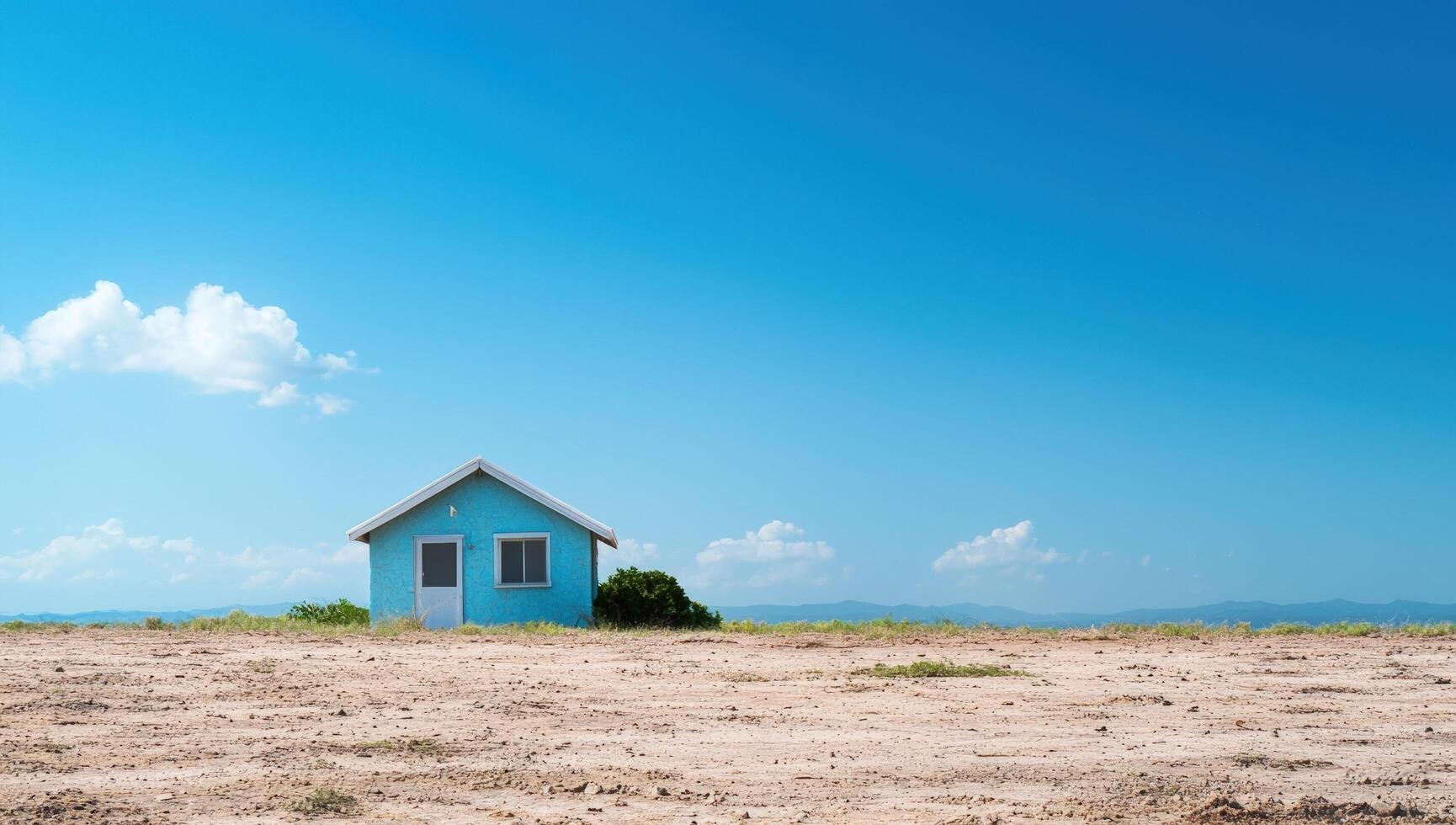 Small house stands in field, blue sky, clouds, mountains. Real estate promo photo