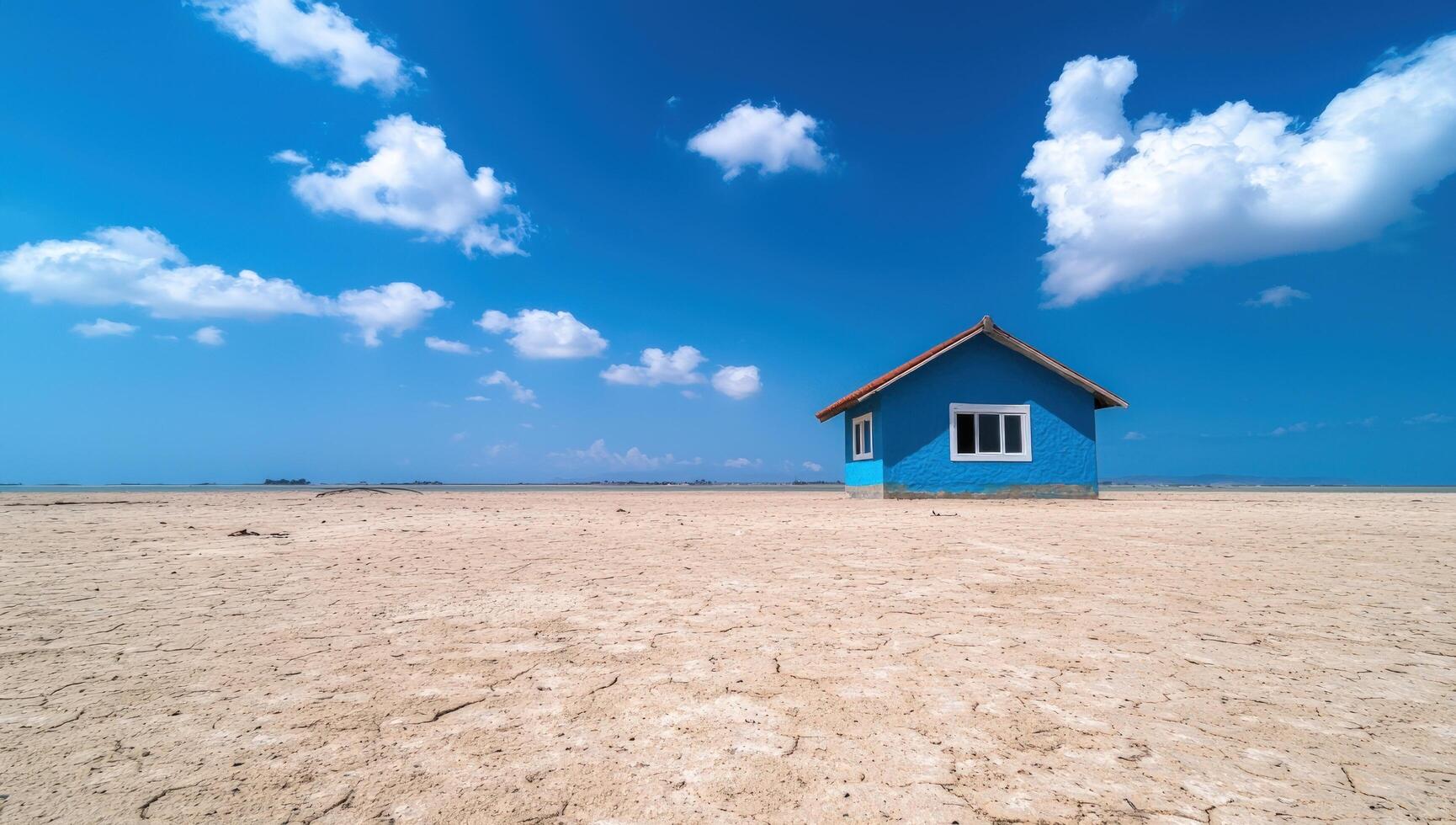 House stands alone on a dry lake bed, with blue sky and clouds, conceptual use photo