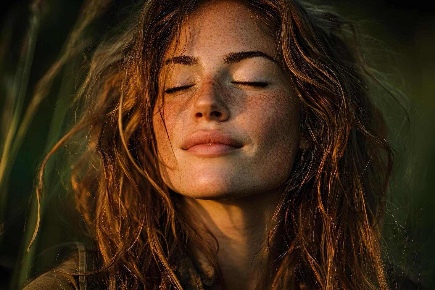 A woman with freckles and brown hair is looking at the camera photo