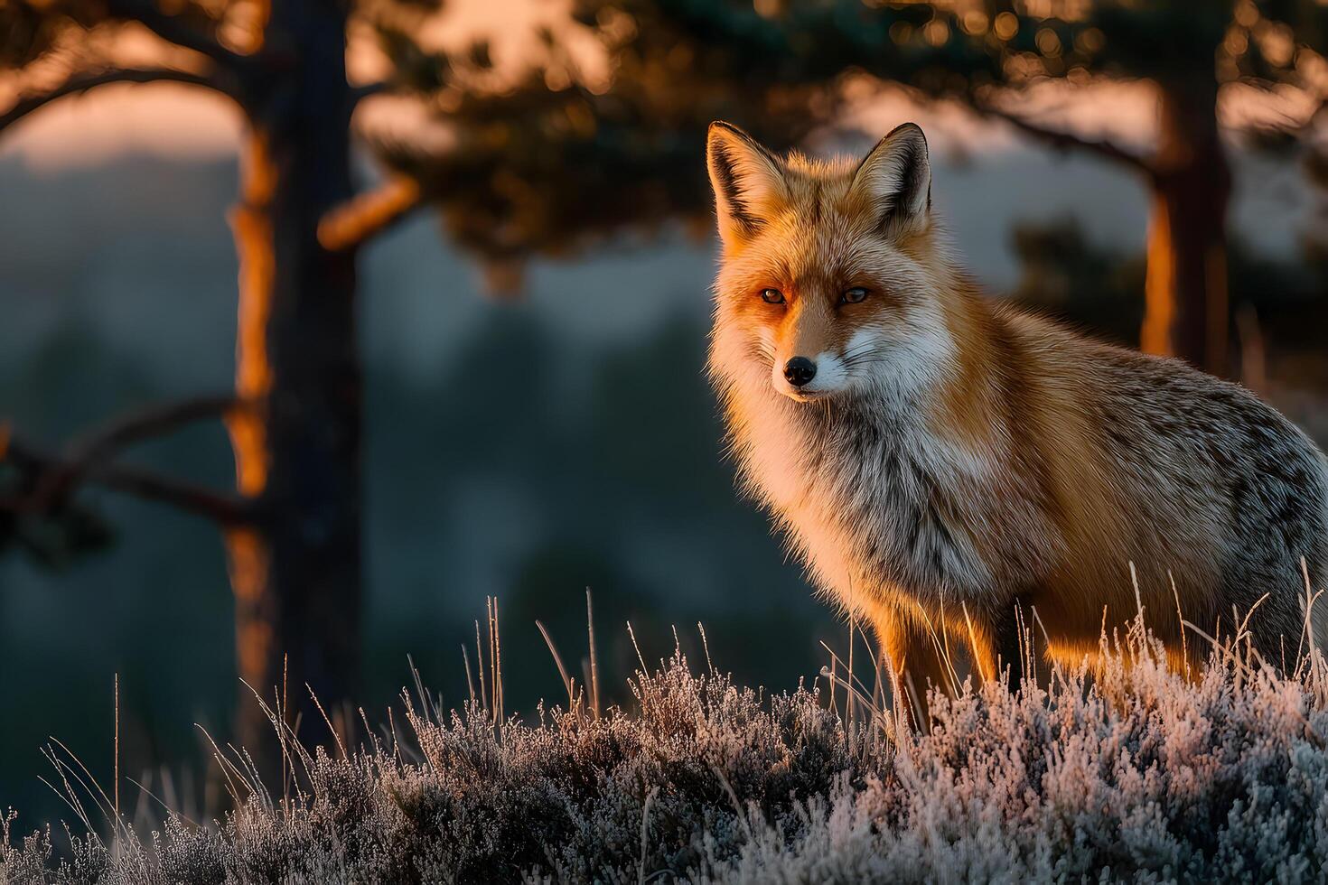 A fox stands in the middle of a field at sunset photo