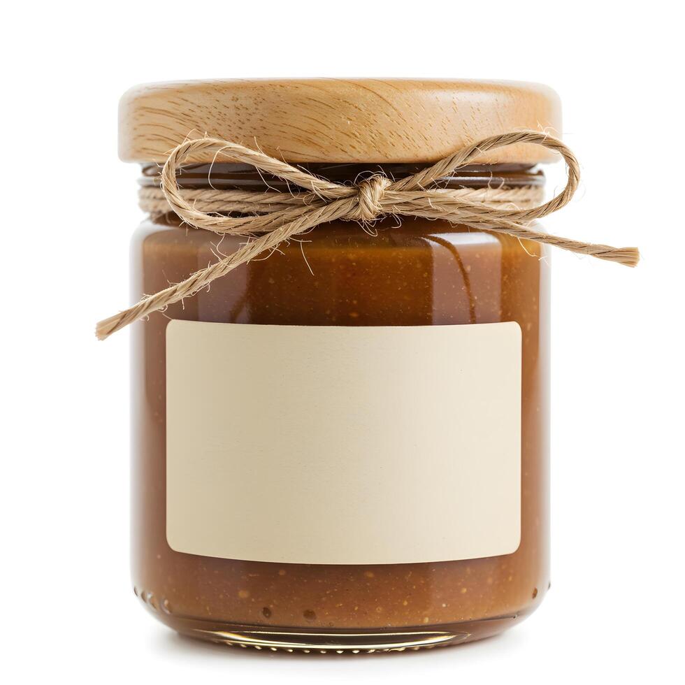 Glass Jar with Wooden Lid and Brown Preserve on White Background photo
