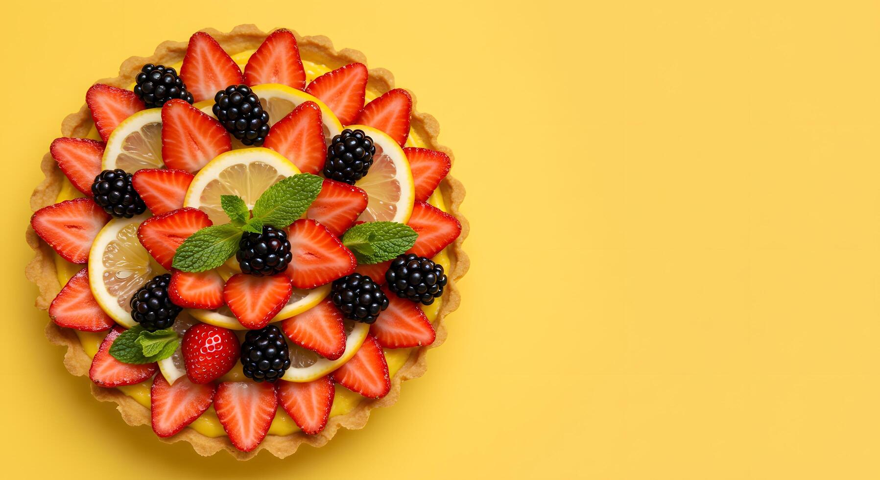 Fruit Tart with Strawberry, Blackberry, and Lemon Slices on Yellow Background photo