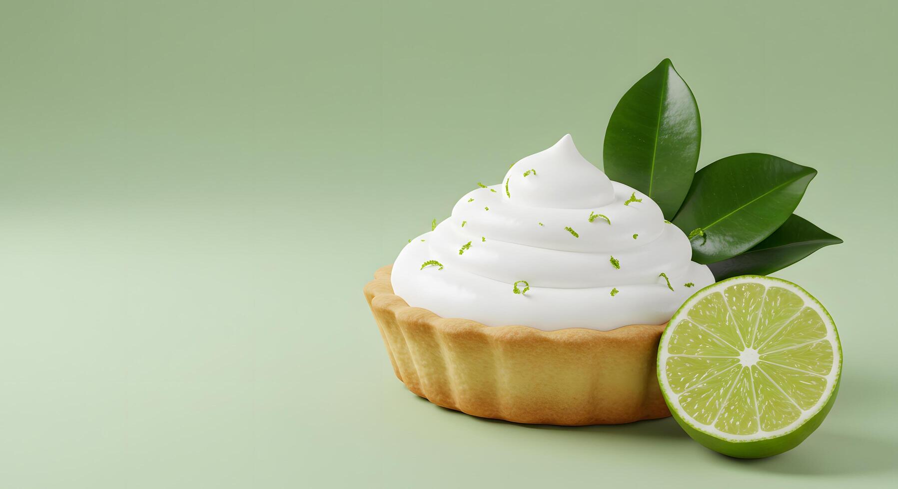 Lime Tart with Whipped Cream and Lime Slice on Green Background photo