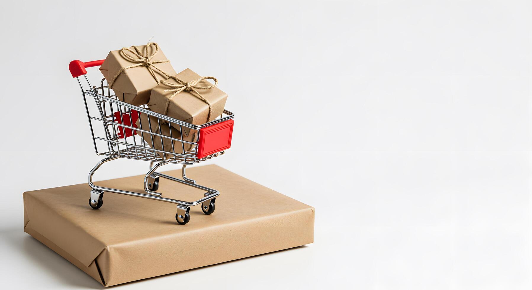Miniature Shopping Cart with Wrapped Gift Boxes on Large Package photo