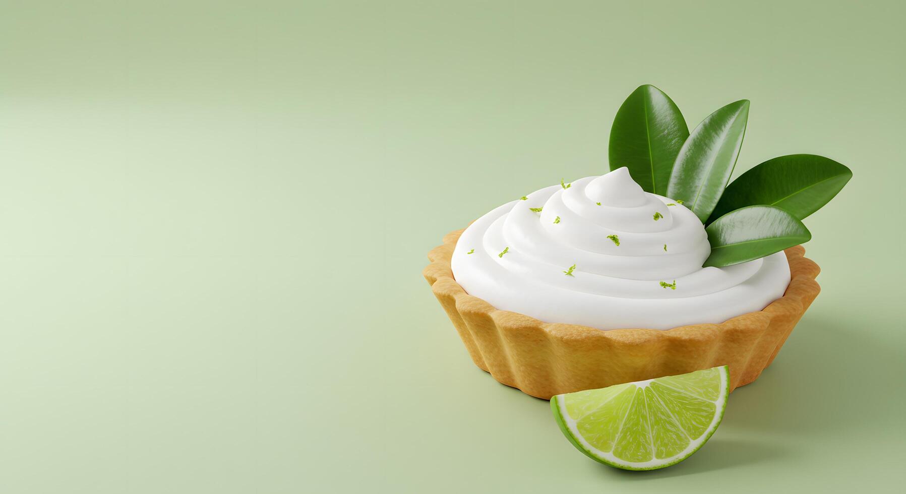 Lime Tart with Whipped Cream and Fresh Leaves photo