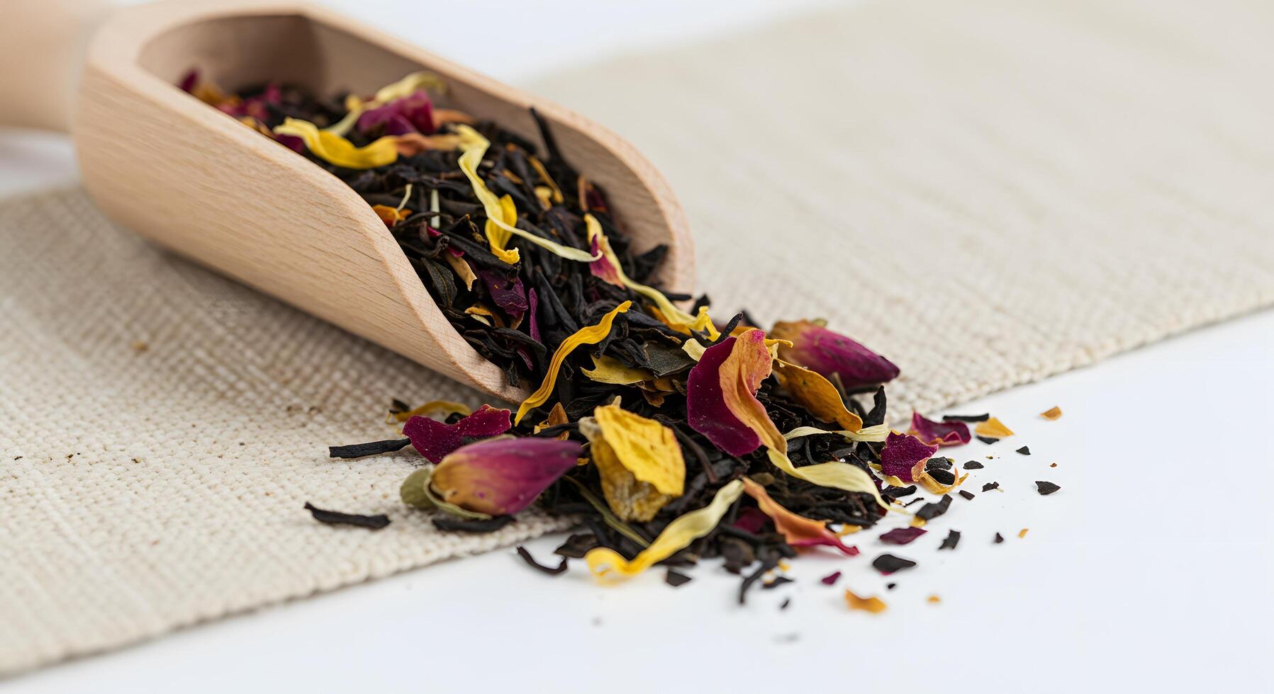 Loose Herbal Tea Blend with Dried Flower Petals and Wooden Scoop photo