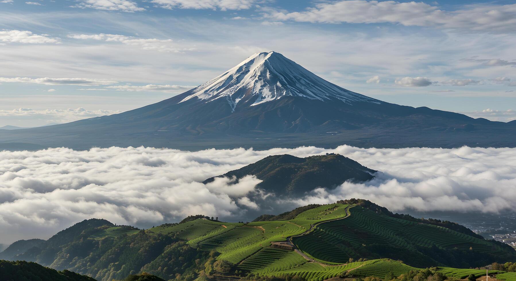 Mount Fuji with Snow-Capped Peak and Terraced Green Fields photo