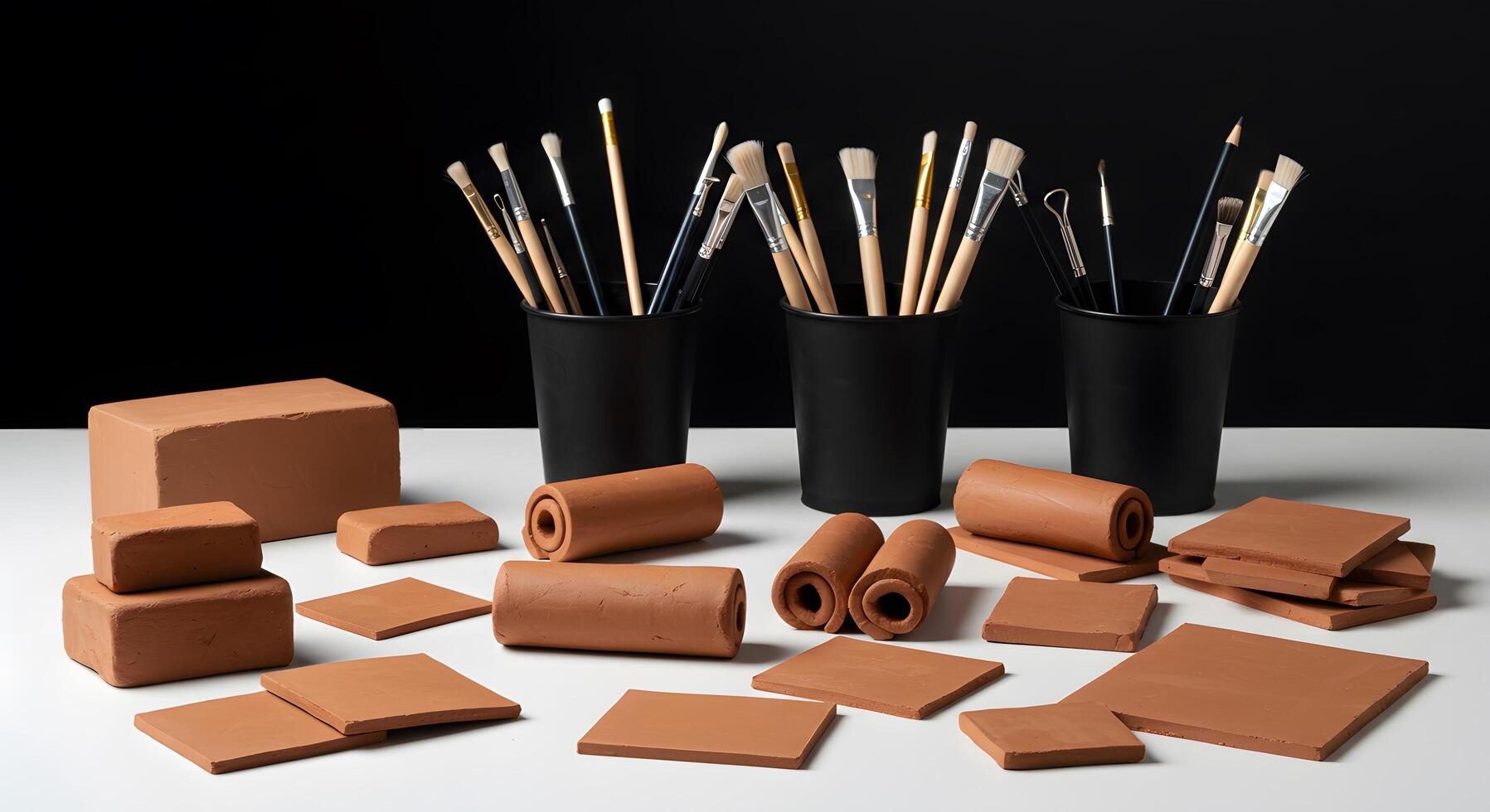 Artist tools with terracotta clay and brushes on white surface photo