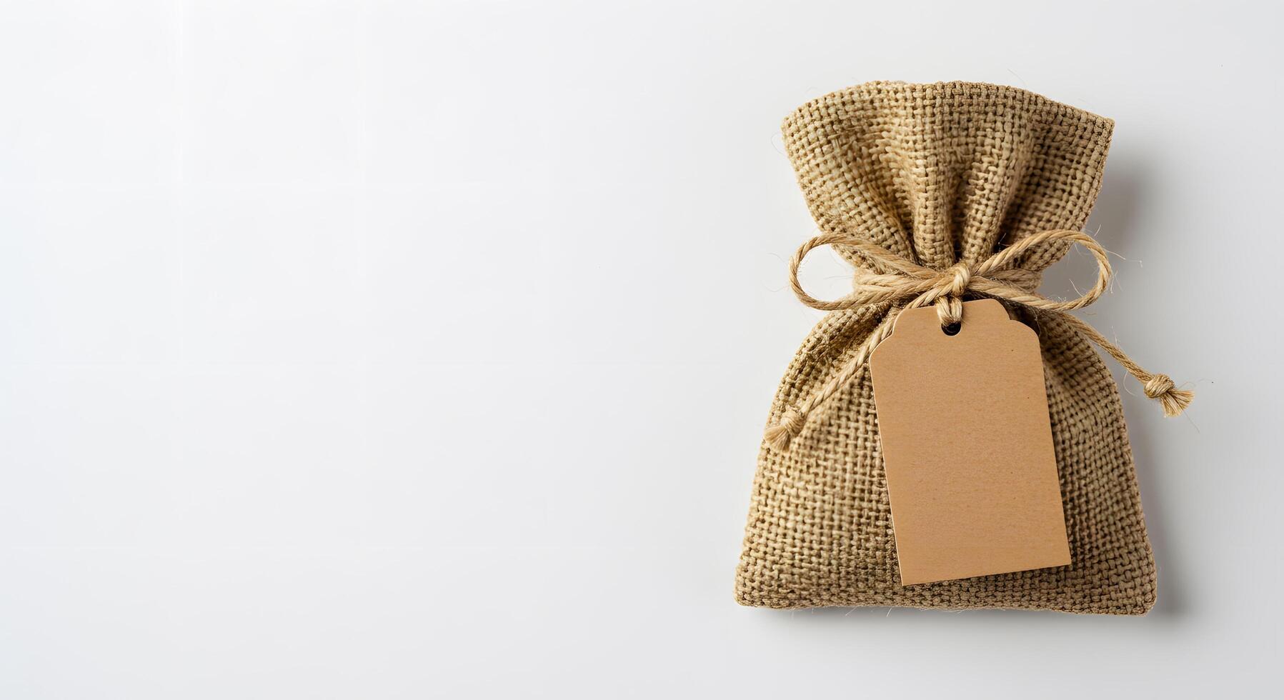 Burlap sack with blank tag on white background photo
