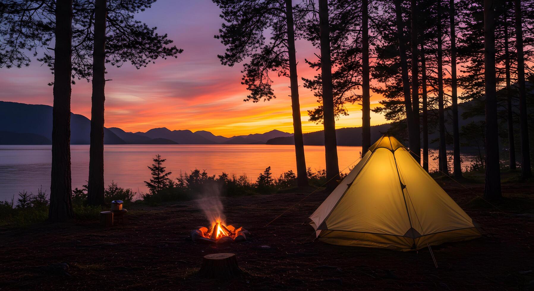 Tent and campfire by lake at colorful sunset in forest photo