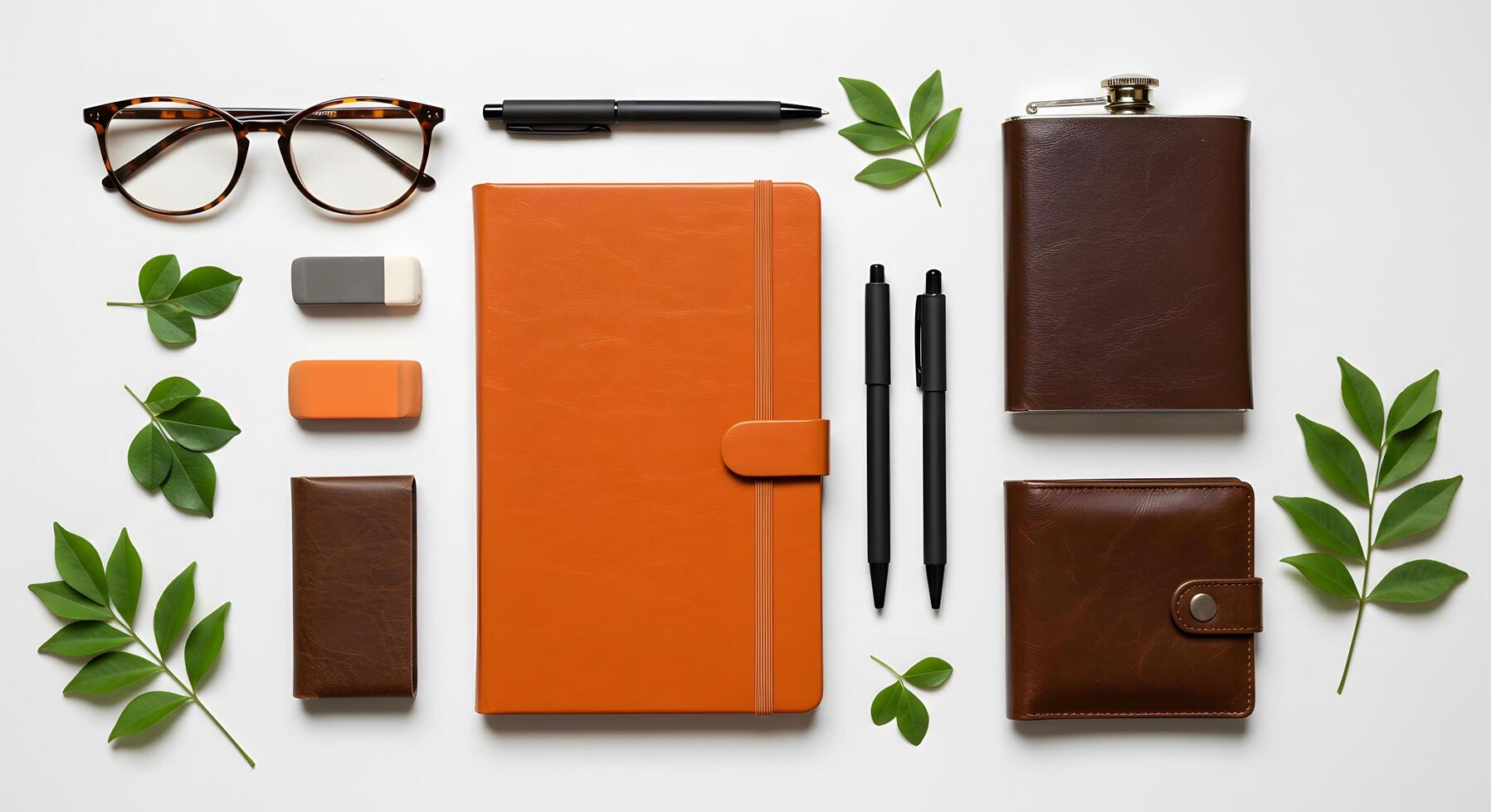 Flat lay of brown leather accessories and stationery with green leaves photo