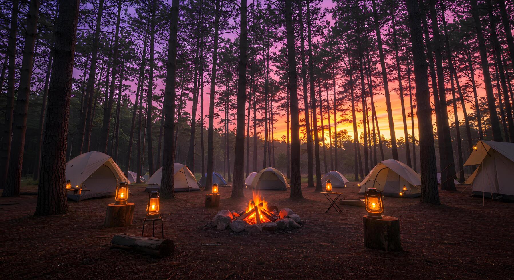 Camping tents with lanterns and campfire in forest at sunset photo