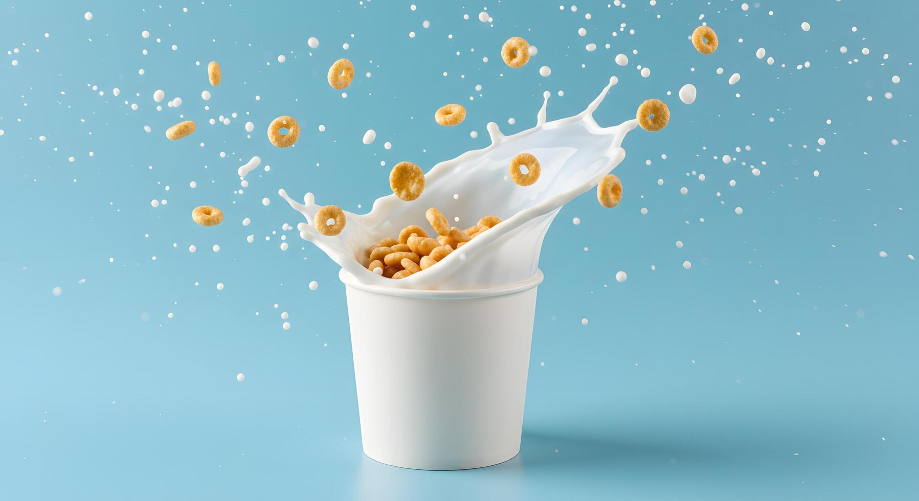 Cereal splash with milk in white paper cup on blue background photo