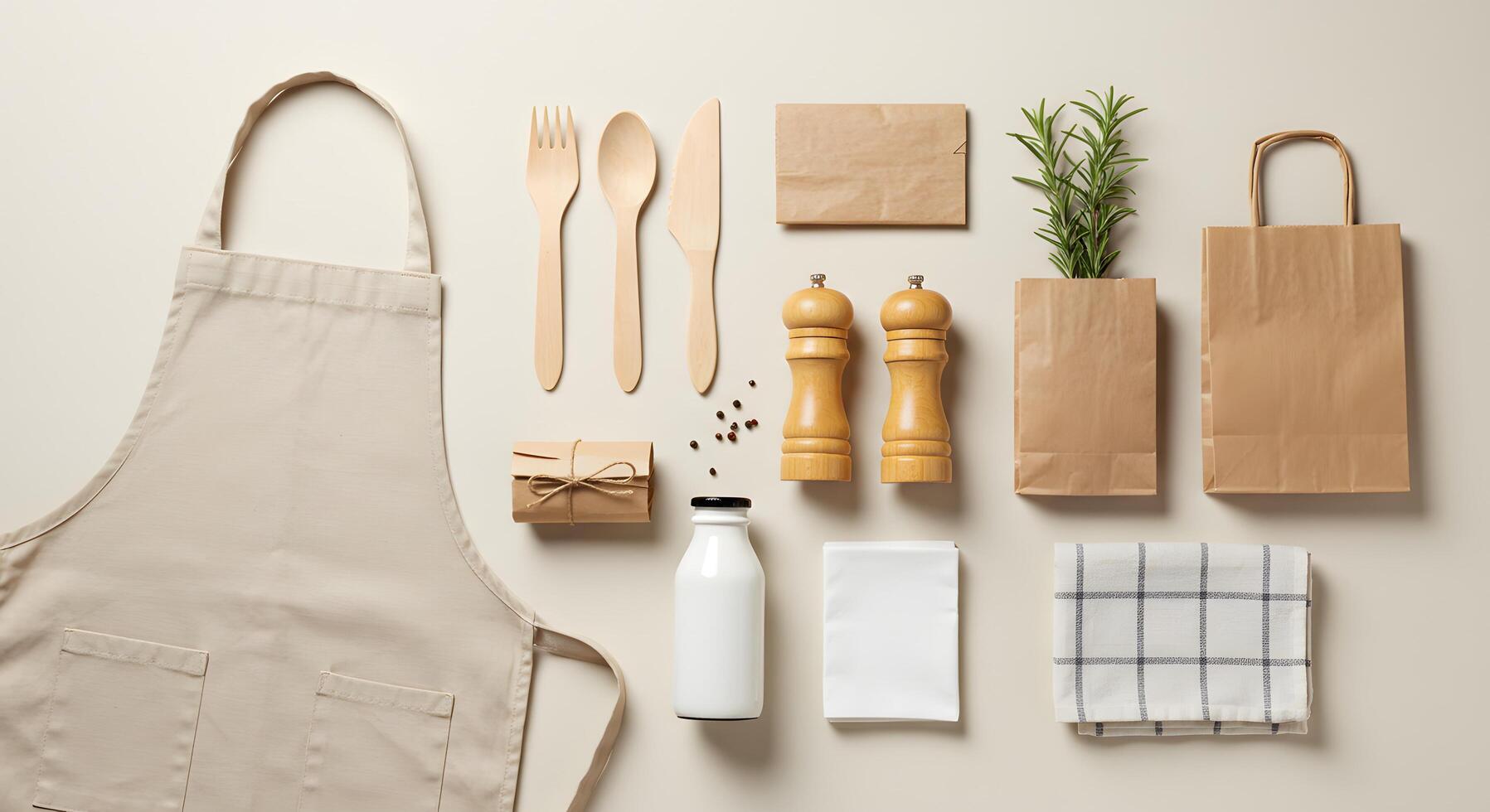 Assorted kitchen and dining items flat lay on light background photo