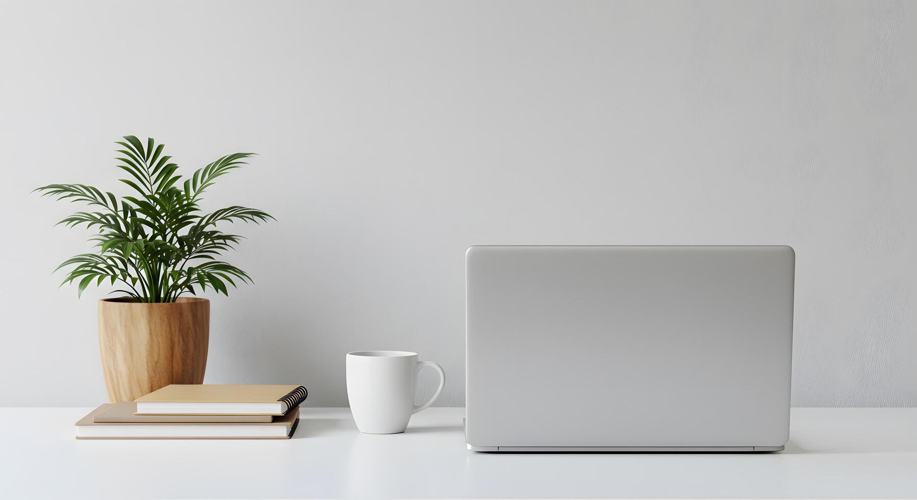 Minimalist workspace with books, plant, coffee cup, and laptop on white desk photo