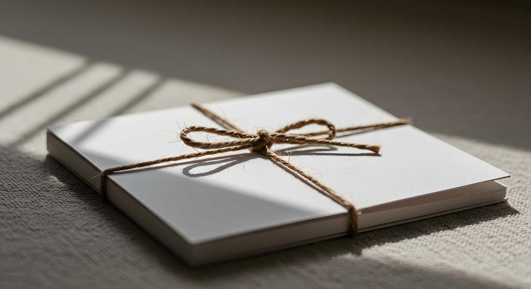 Stack of white paper cards tied with twine on textured surface photo