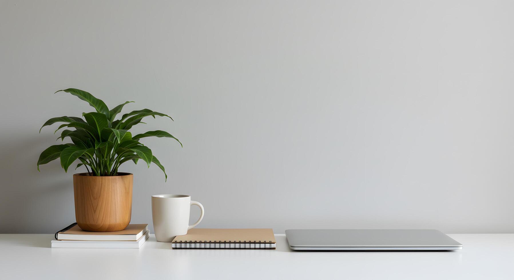 Minimalist workspace with potted plant, coffee cup, notebooks, and closed laptop photo