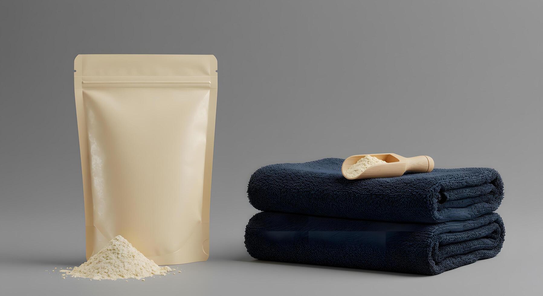 Natural wellness products with powder and towels on gray background photo