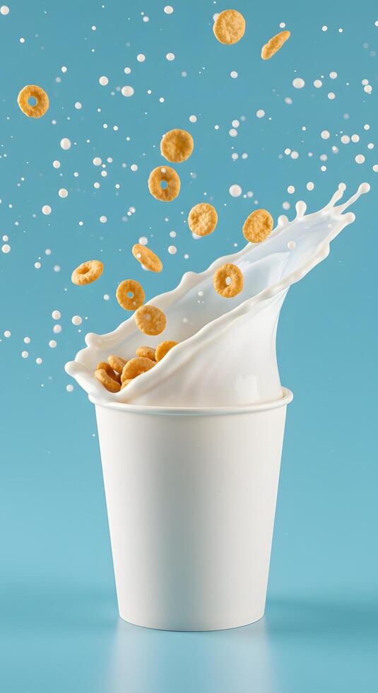 Cereal and milk splash in white cup on blue background photo