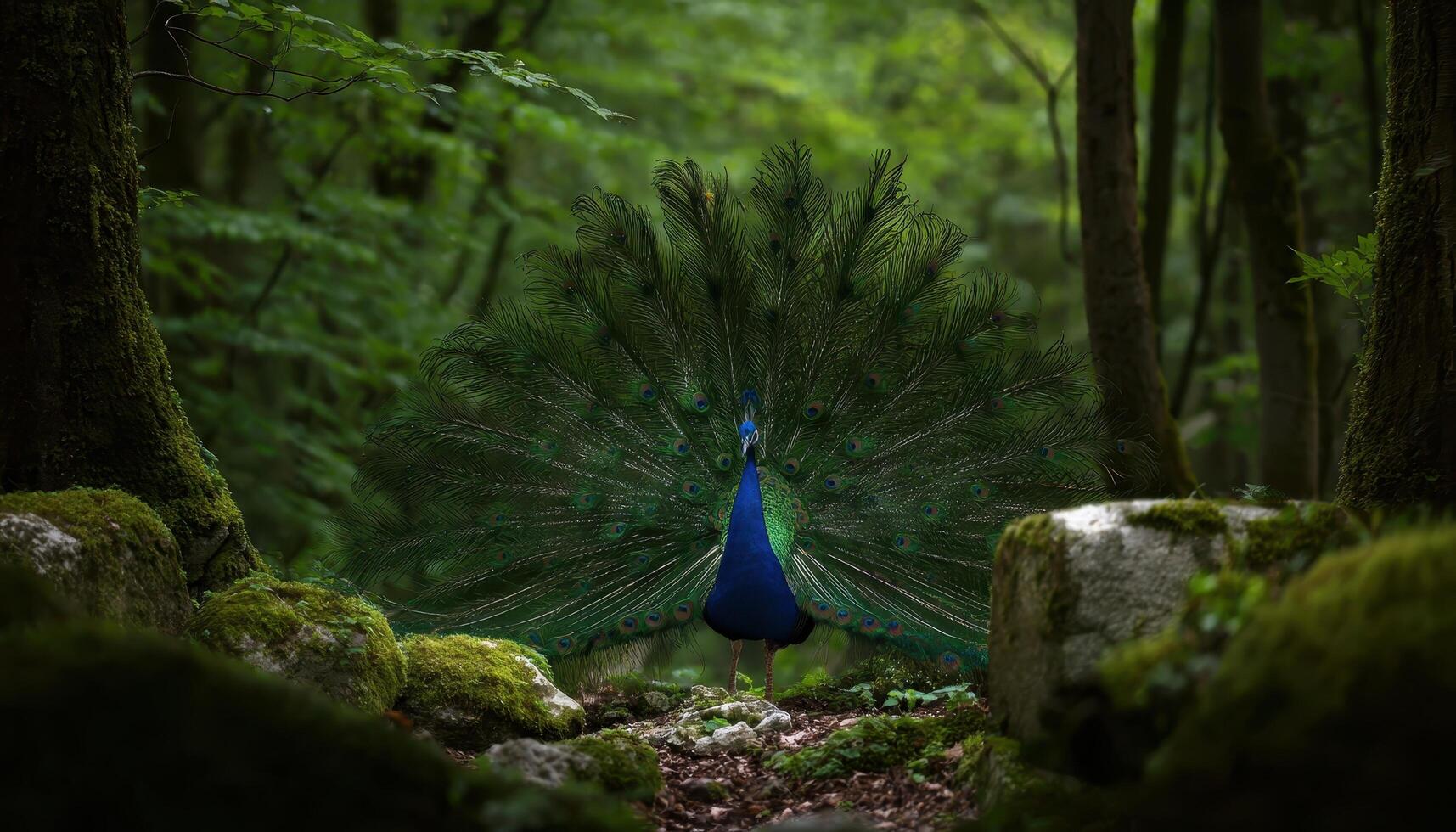A beautiful peacock with a closed tail in the forest with lush trees photo