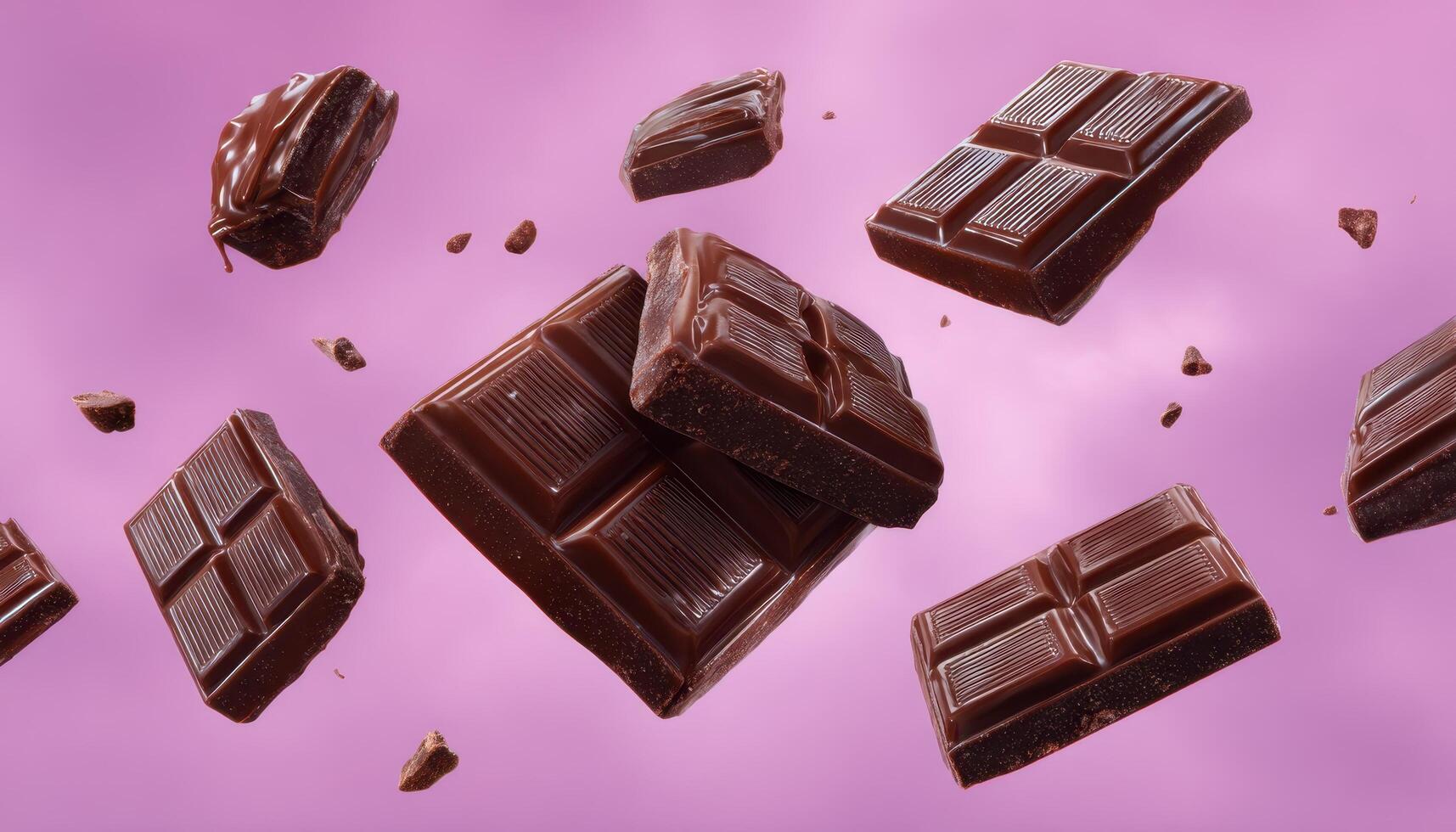 Flying Dark Chocolate pieces on pink for banner photo