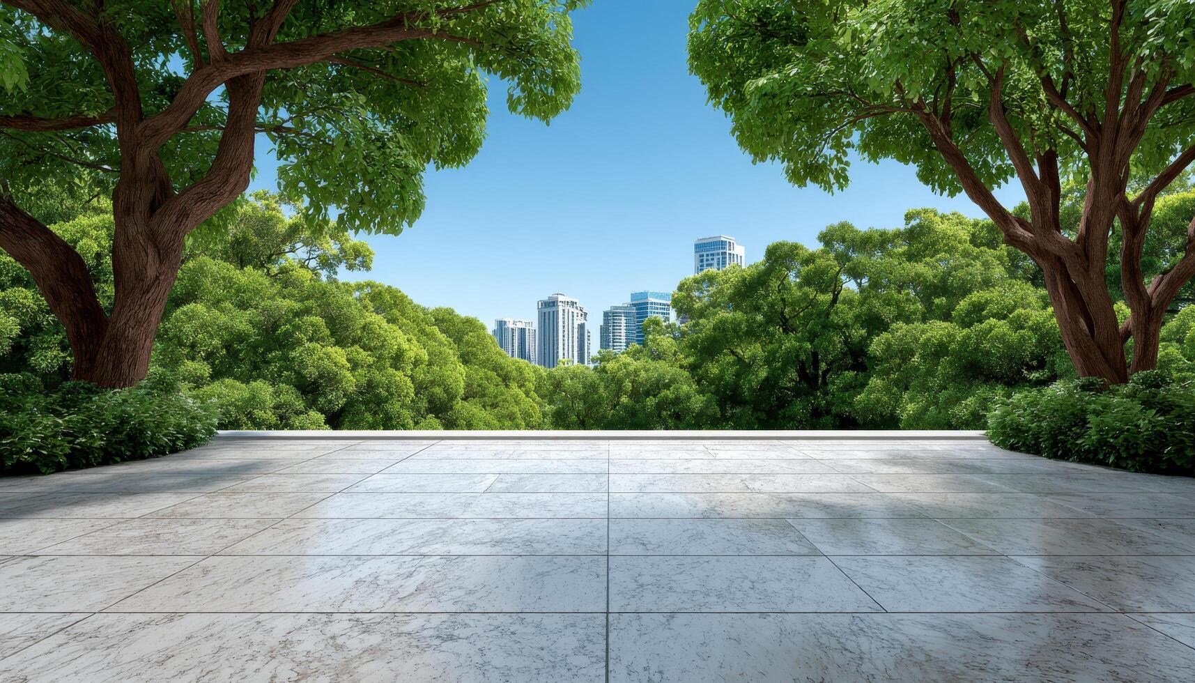 Empty square floor and green woods natural scenery in city park photo