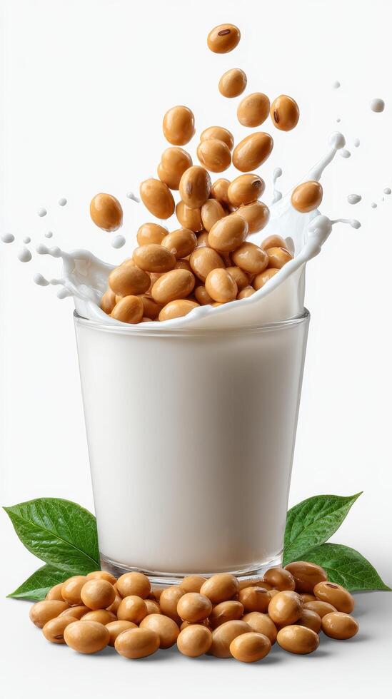 soybeans falling into soy milk Splash in the glass isolated on white background. photo