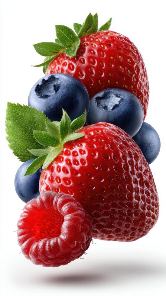 Falling Strawberry, Blueberry, Raspberry isolated on white background. photo