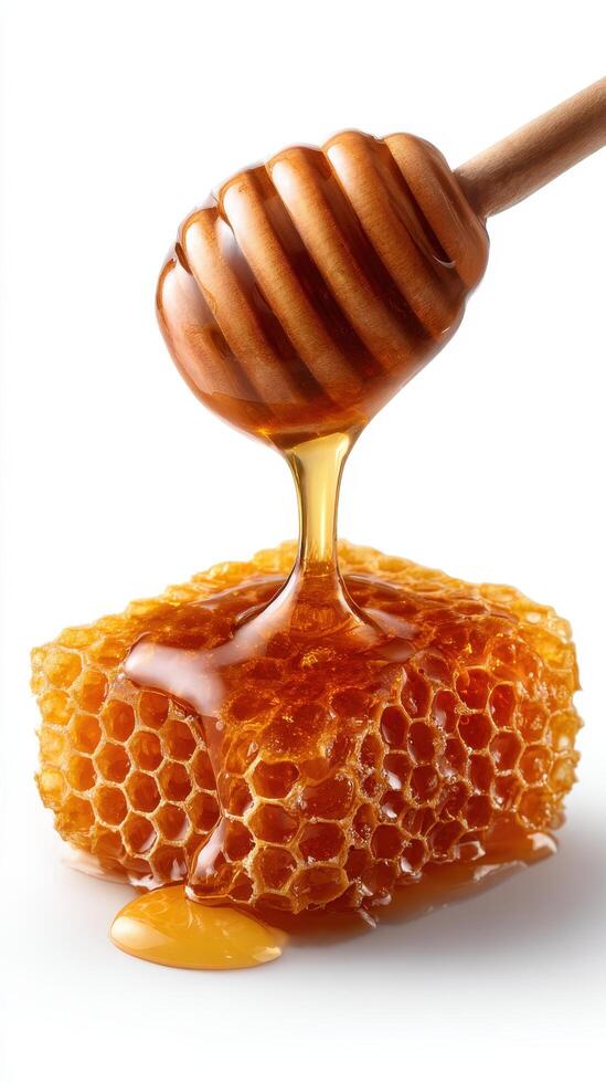 honey dripping into honeycomb isolated on white background. photo