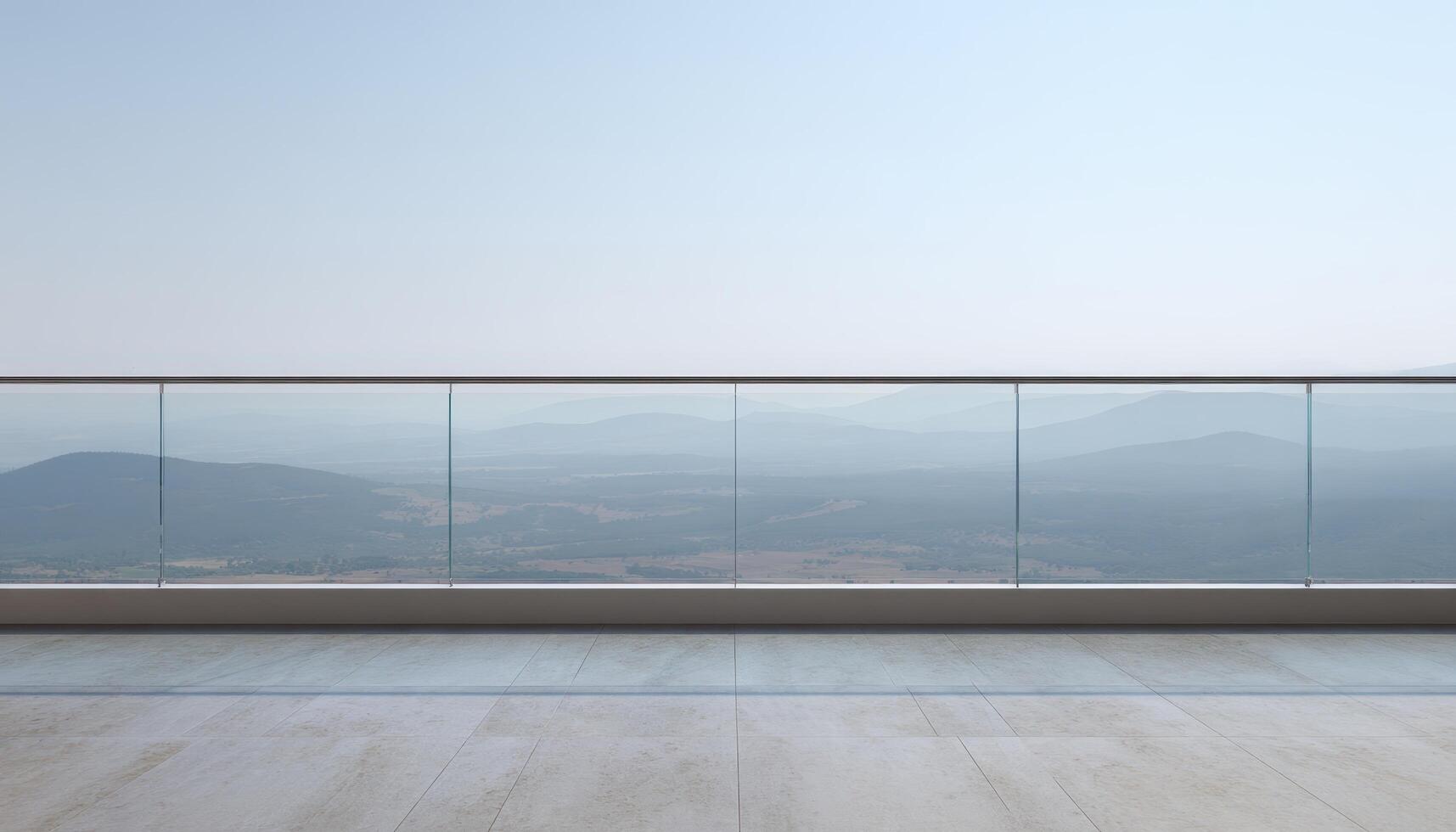 Clear glass railing overlooking mountain view modern architecture outdoor space tranquil setting photo