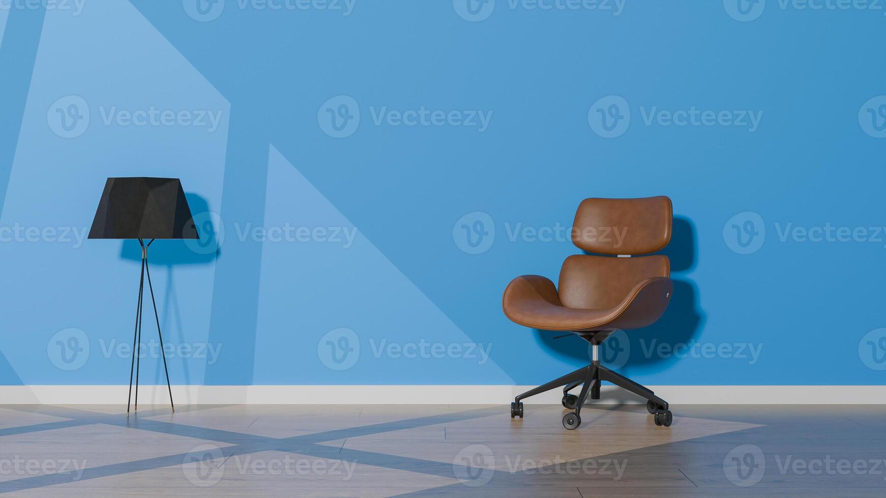 A chair sitting in front of a blue wall photo