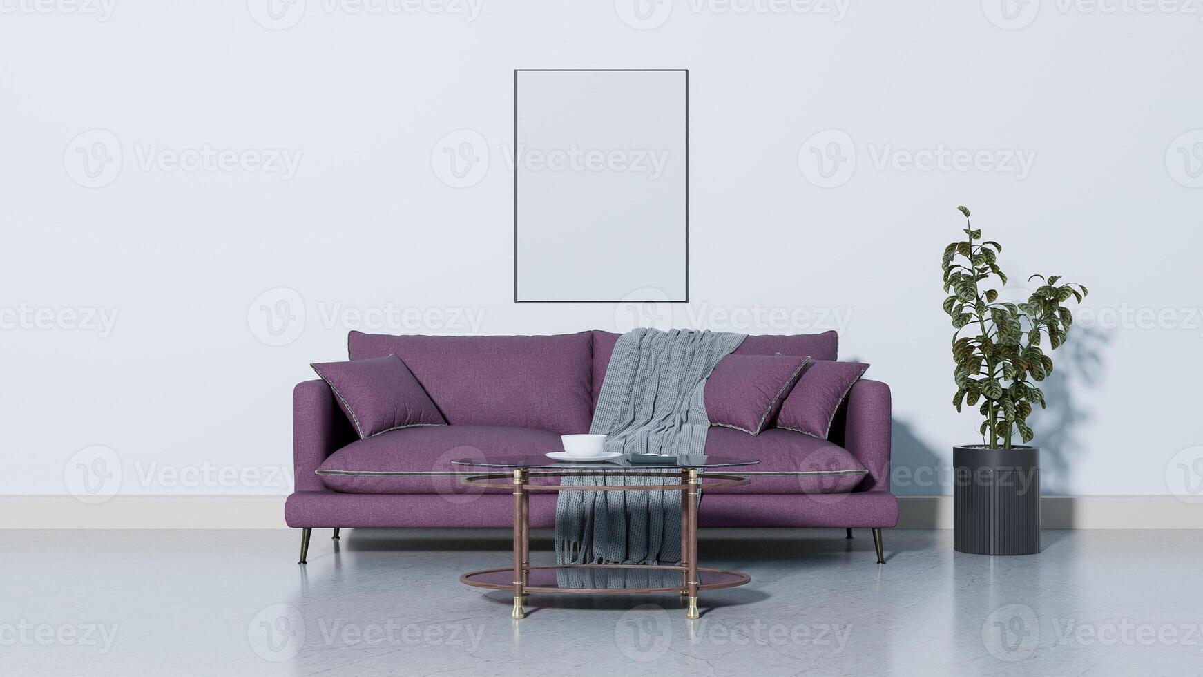 A purple couch and a table in front of a white wall photo