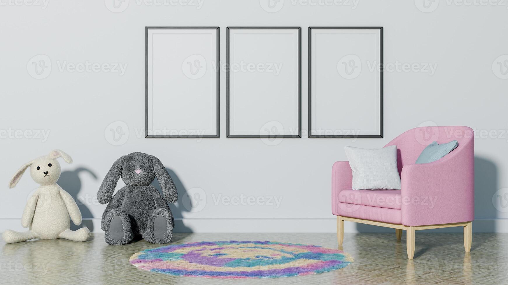 A pink chair and a stuffed animal in a room photo