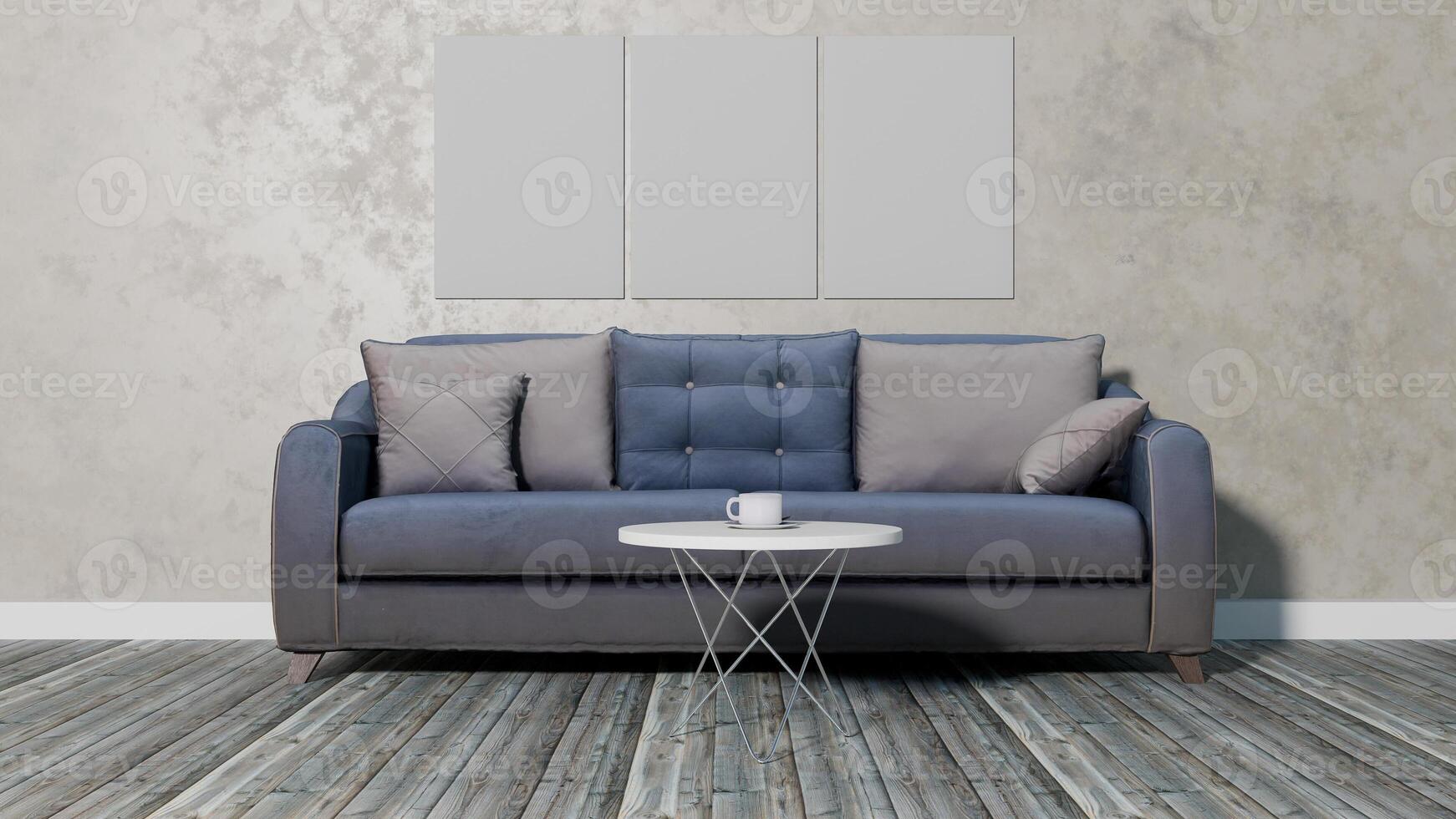 A blue couch and two blank posters on the wall photo