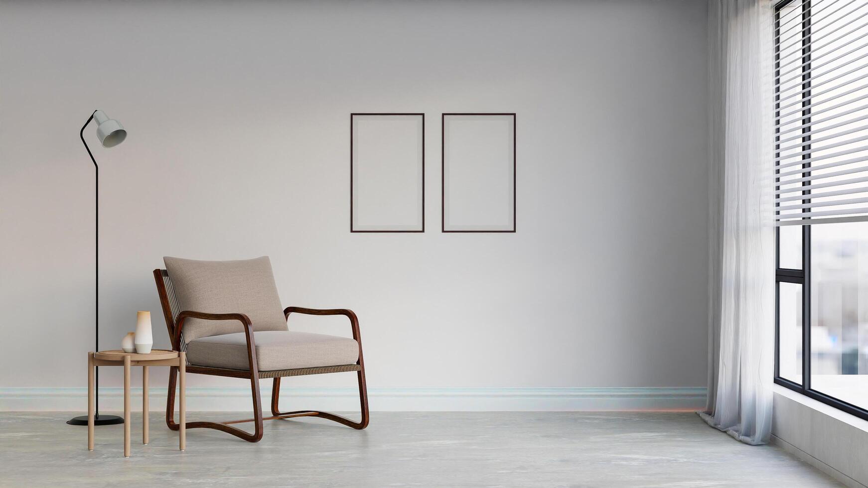 A chair and table in a room with a window photo
