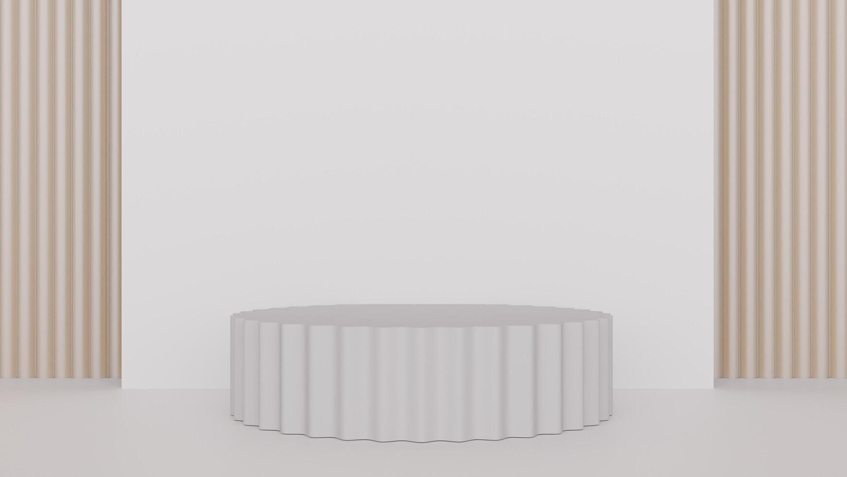 A white table in front of a wall with a window photo