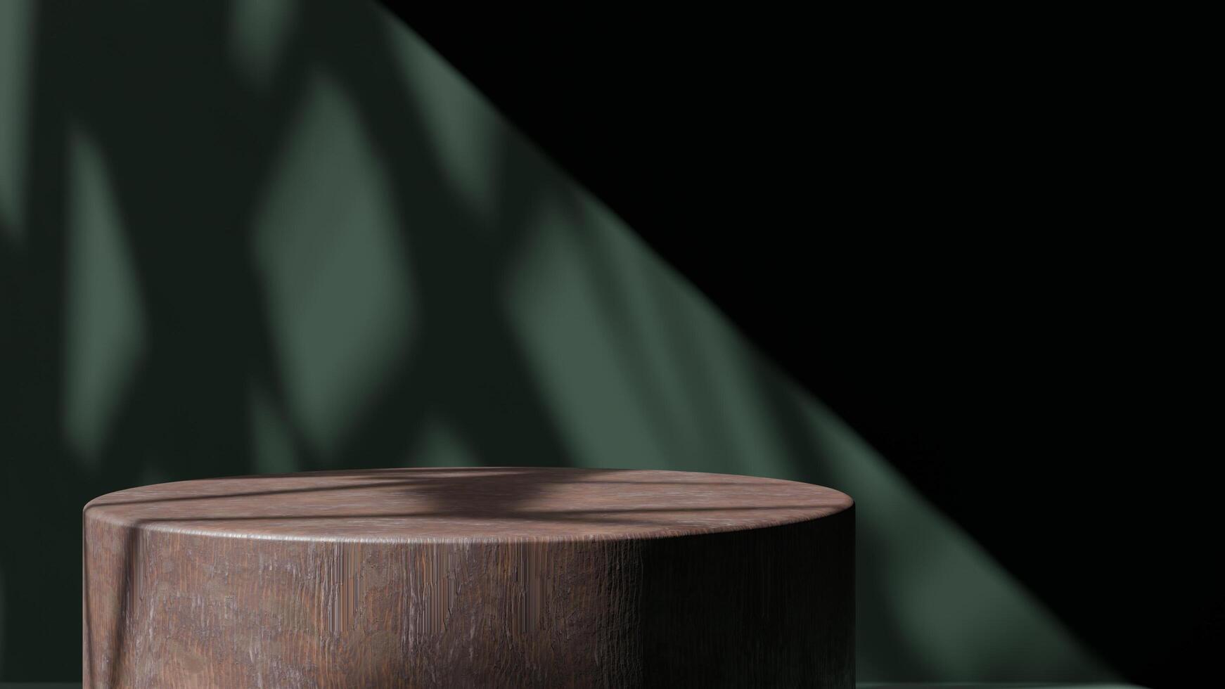 A wooden stool sitting on a table in front of a green wall photo
