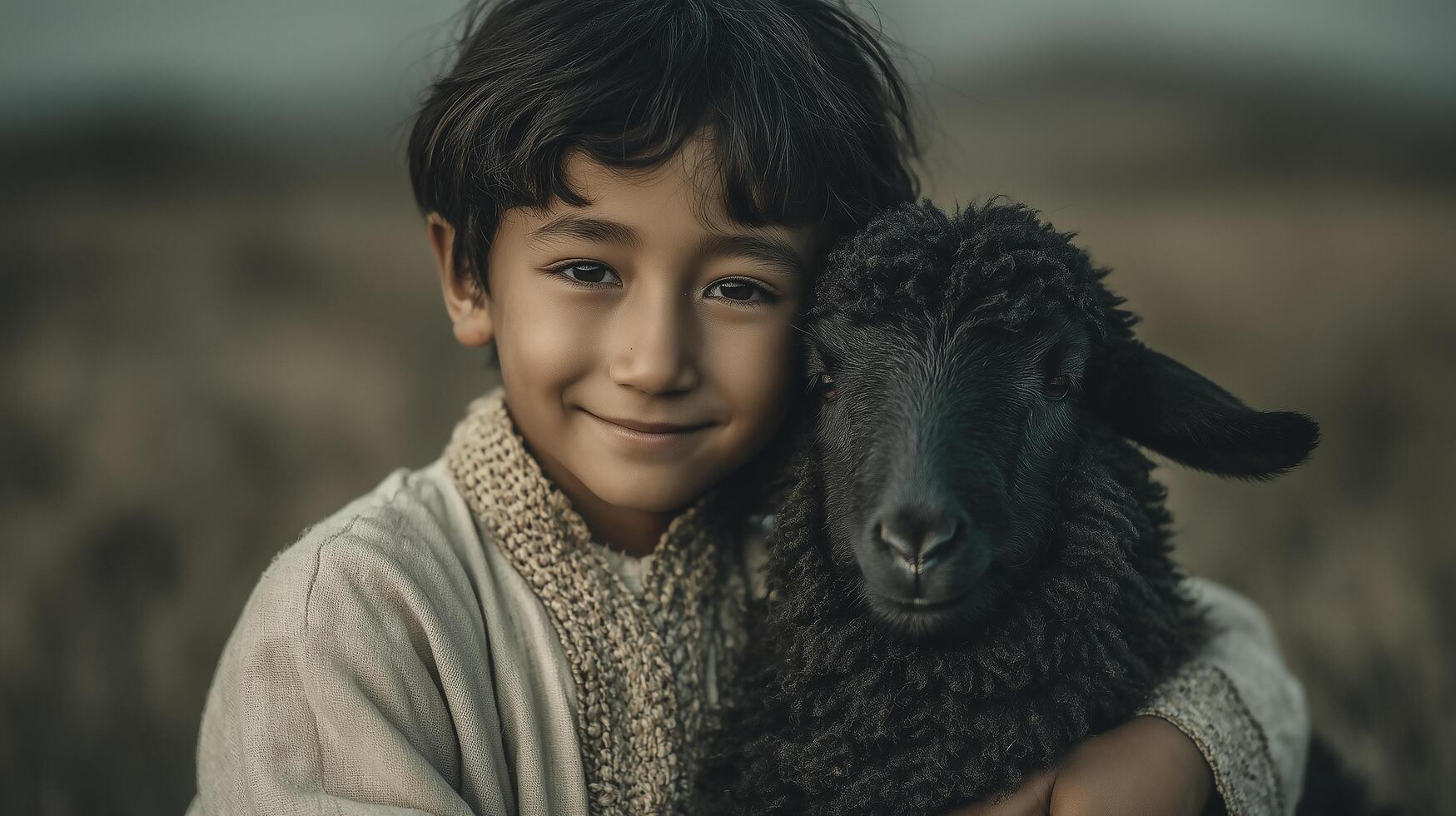 A young boy is hugging a black sheep photo
