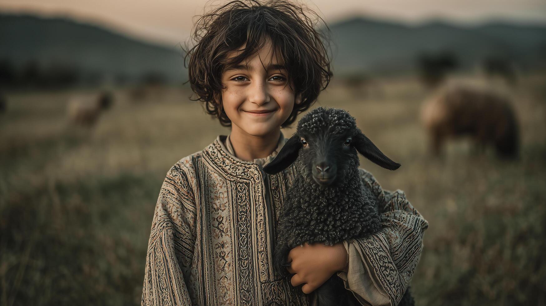 A young boy holding a black sheep in a field photo