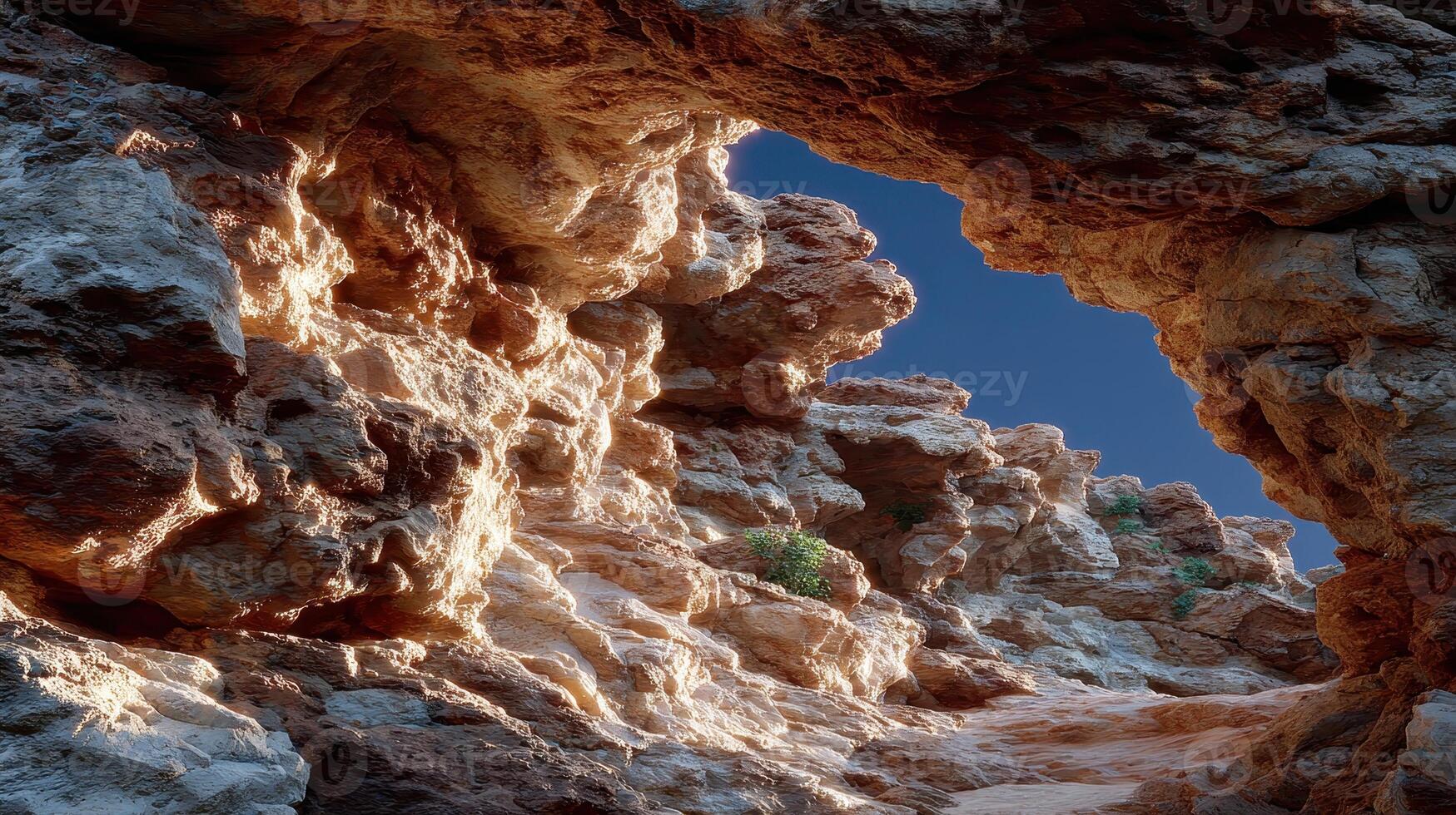 A rock formation with a light coming through it photo