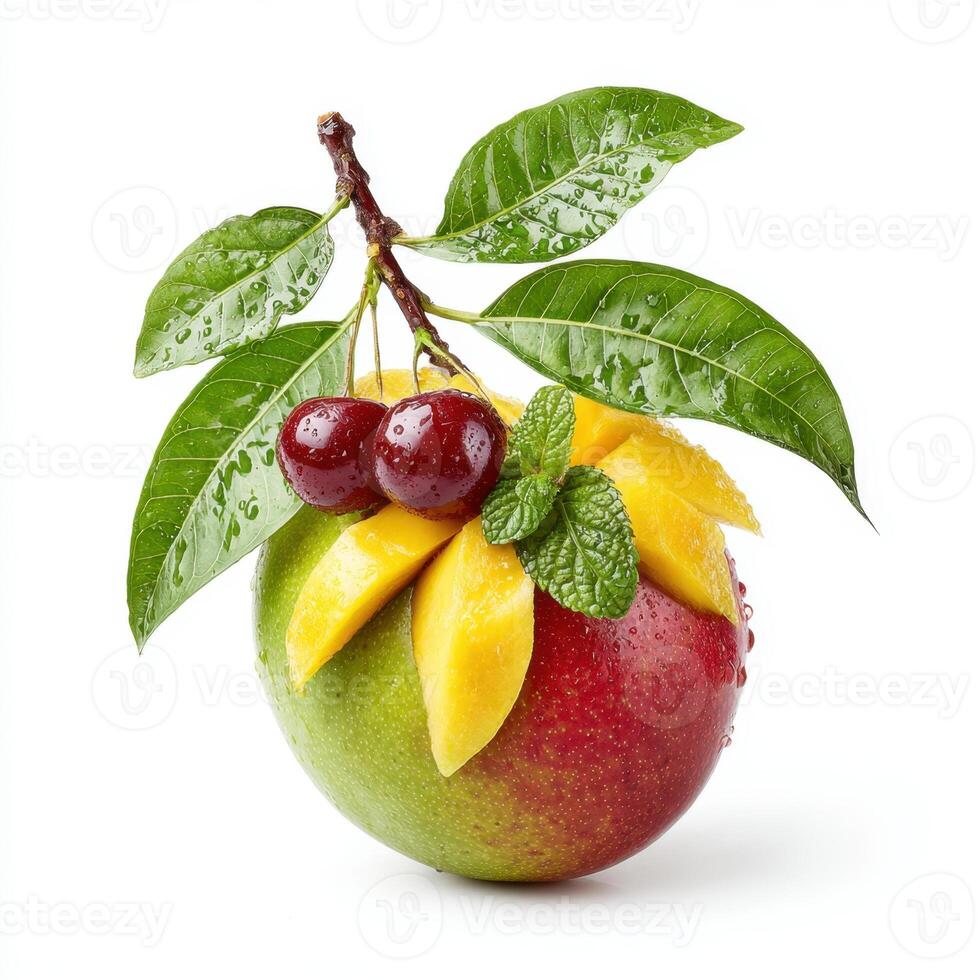 A mango with cherries and a green leaf photo