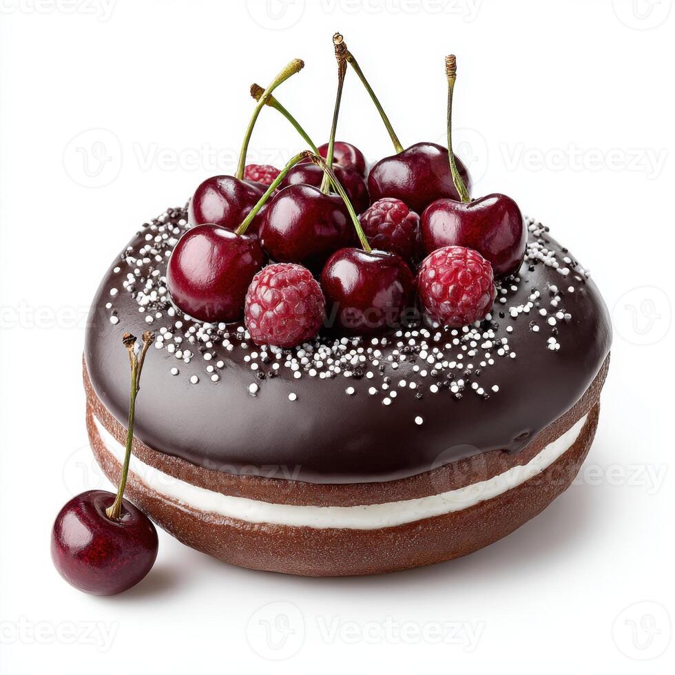 A chocolate doughnut with cherries on top photo