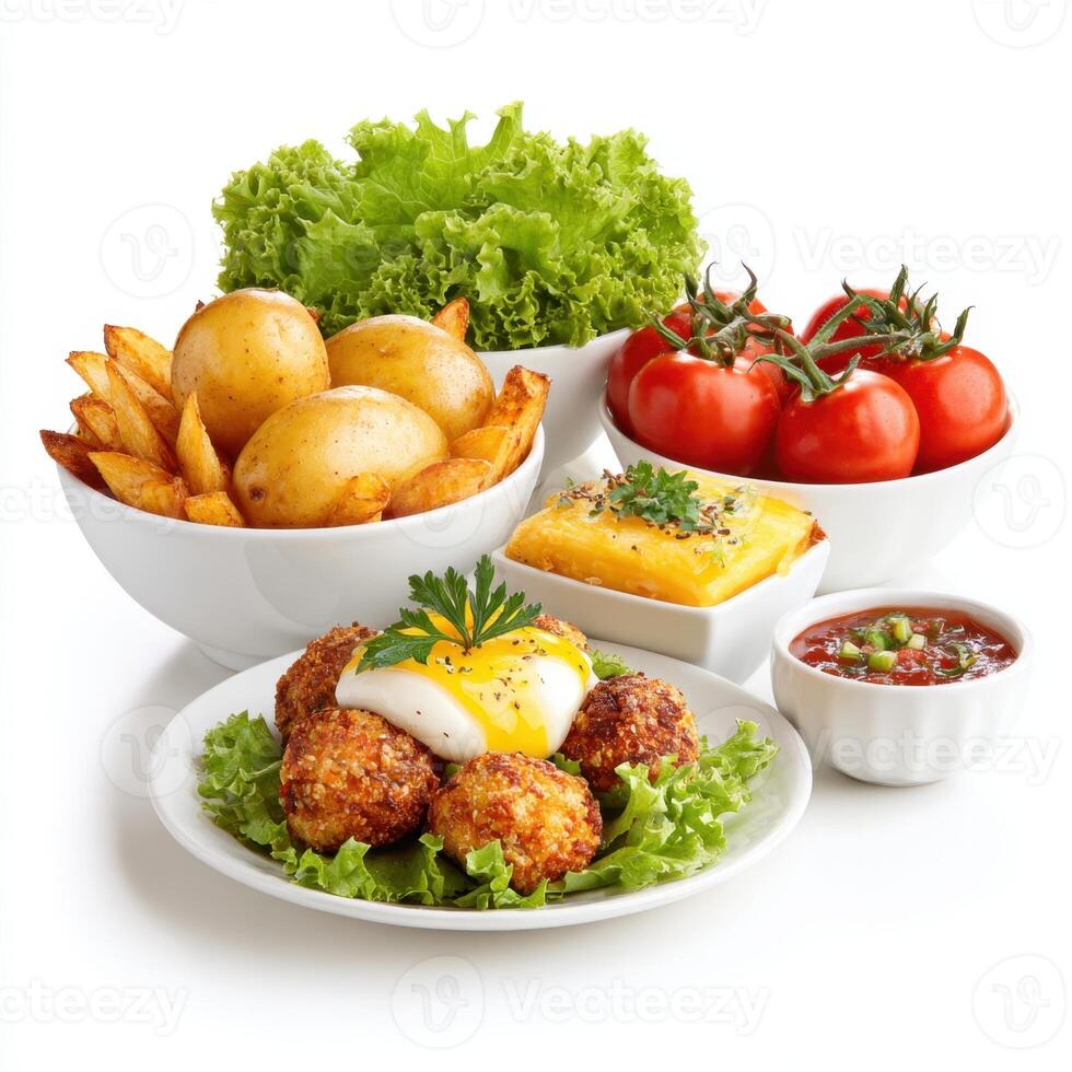 A variety of food including potatoes, eggs, tomatoes, and lettuce photo