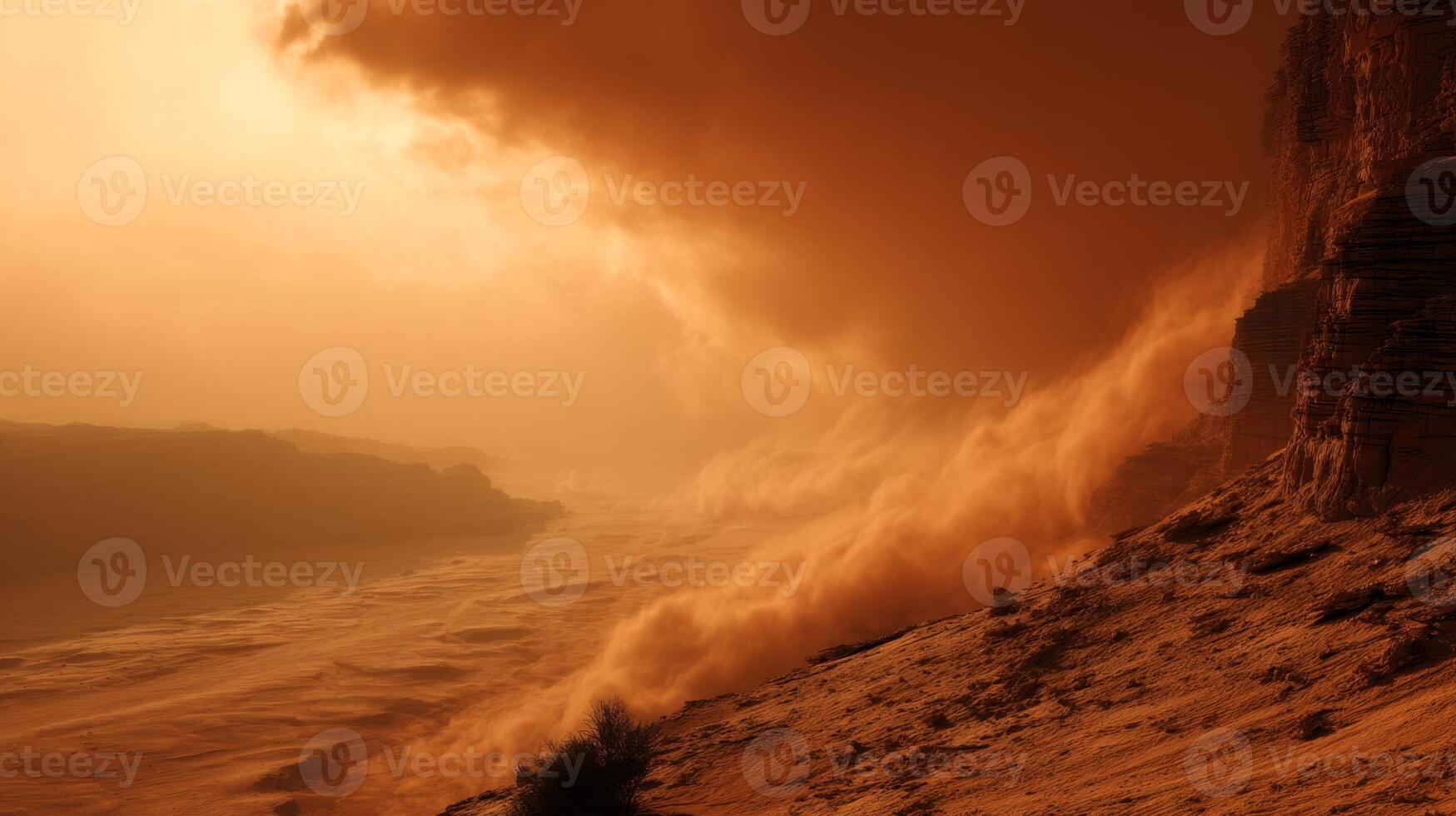 Dramatic Landscape of Desert Storm with Cloudy Sky and Eroded Cliffs at Sunset photo