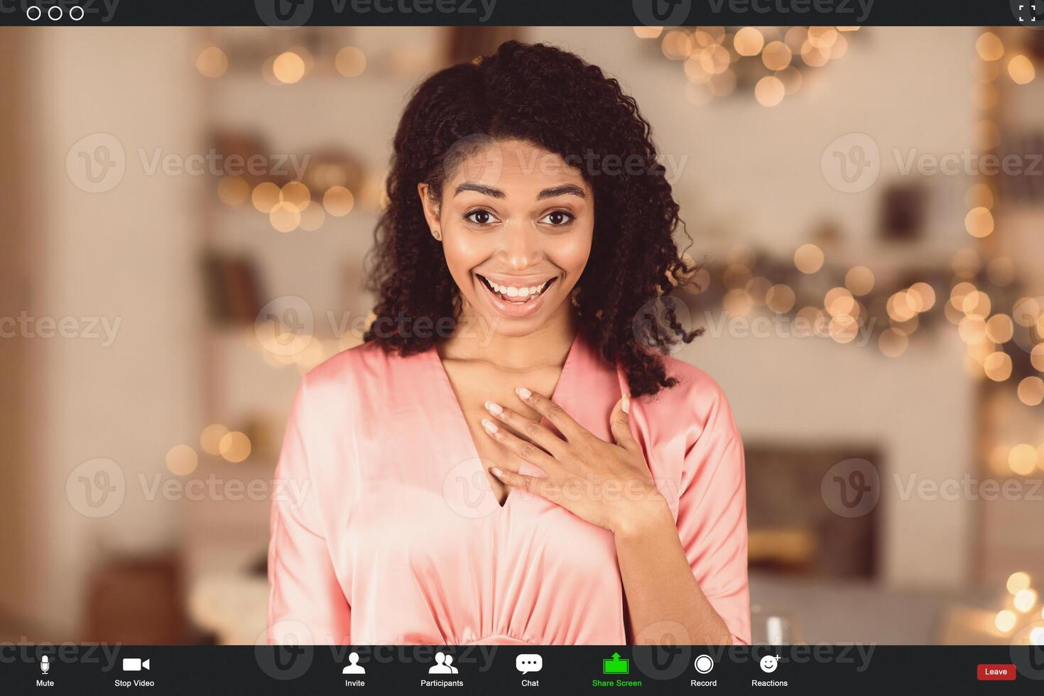 Virtual Meeting, Social Distancing, Isolation. Surprised happy black woman making online call on laptop, holding hand on chest, talking with partner, monitor view with app software for videotelephony photo