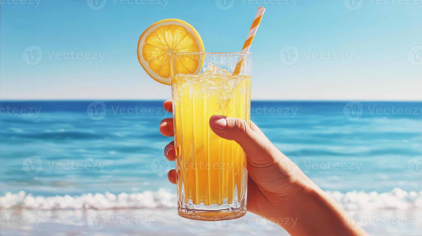 A hand holds a tall glass filled with lemonade, garnished with a slice of lemon. The vibrant drink contrasts against the clear blue sea and sunny sky, capturing a perfect summer day. photo