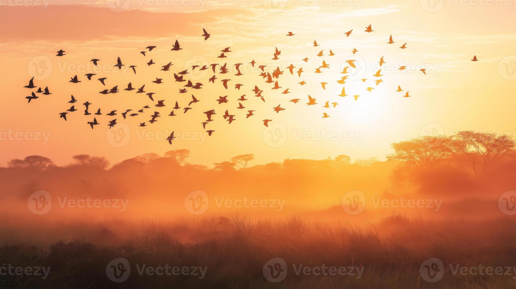 A flock of birds soars through the misty landscape as the sun rises, casting a golden glow. photo