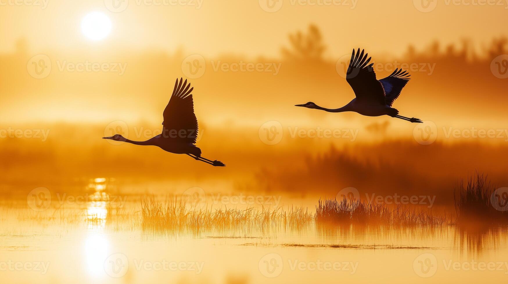 Two cranes glide gracefully over a tranquil wetland as the sun rises, casting warm light. photo